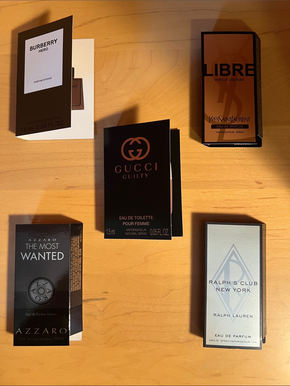 Sample fragrances including Gucci Guilty